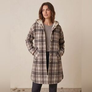 Eclipse Canadian Plaid Hooded Long Shacket Coat Brown Boho Coastal L Cabincore